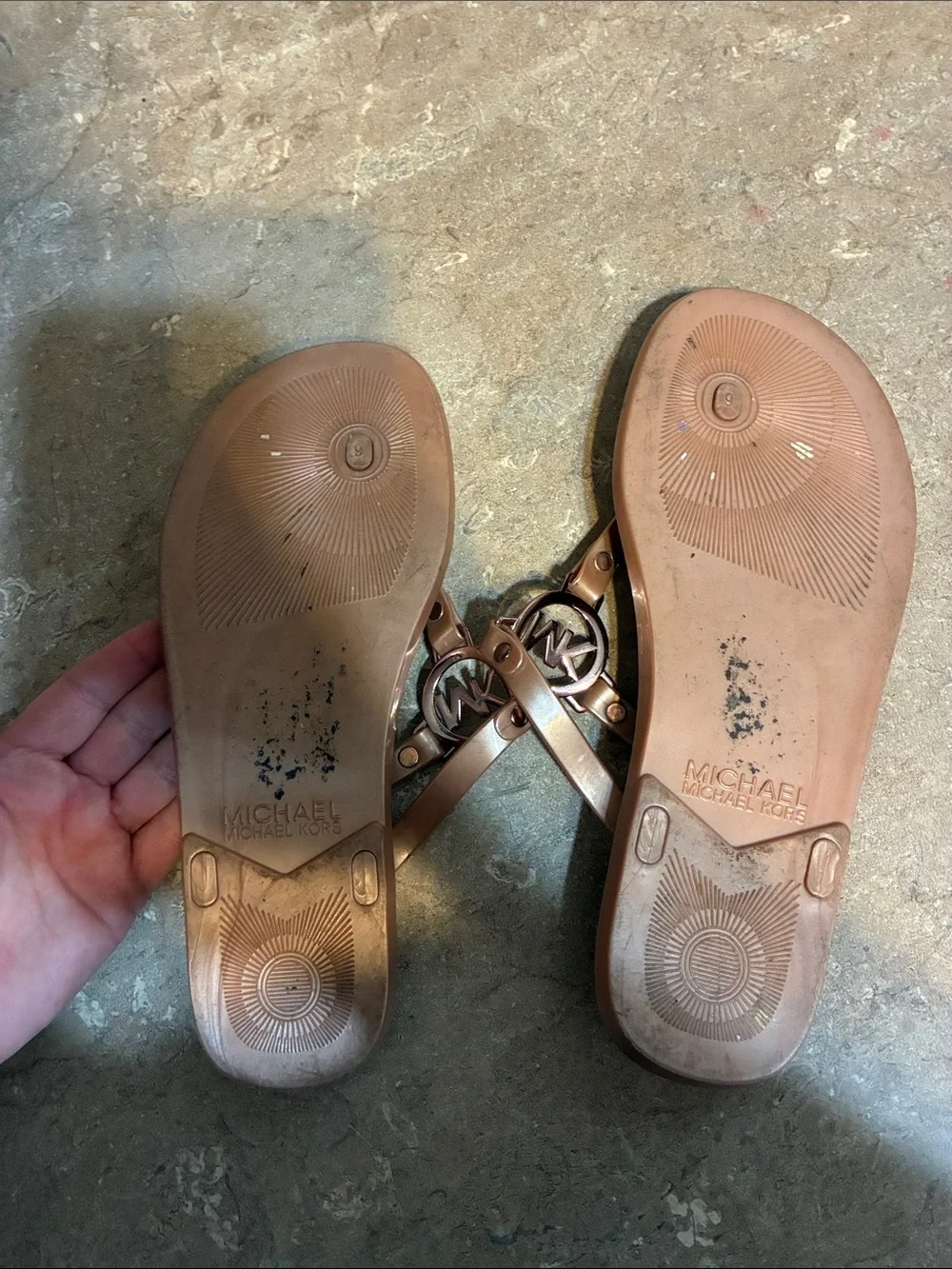 Michael Kors Rose Gold Logo Thong Sandals Jelly and Cork Size 9